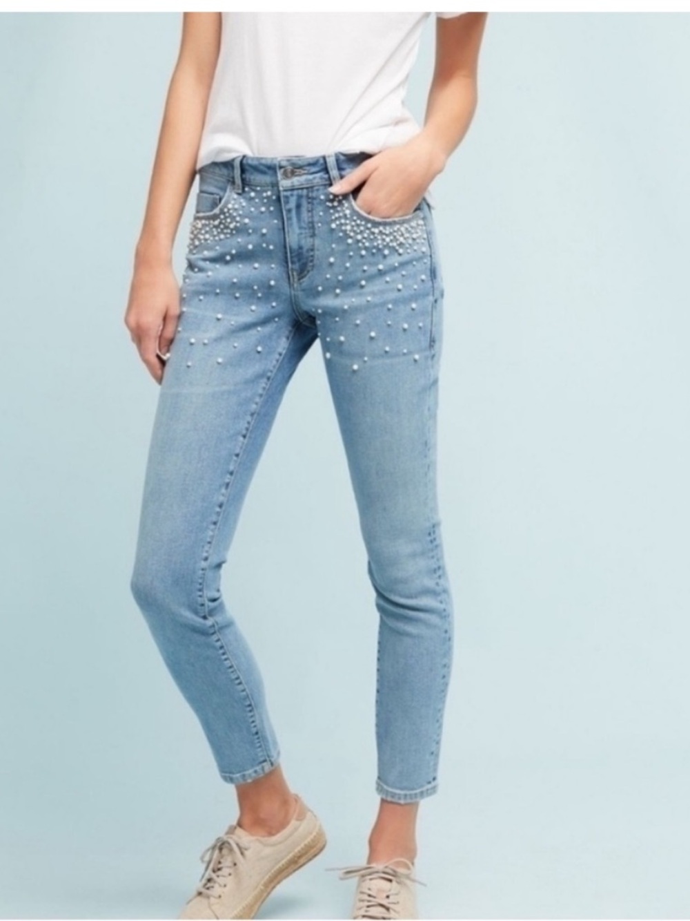 DRIFTWOOD Light Blue Pearl-Embellished Skinny Jeans